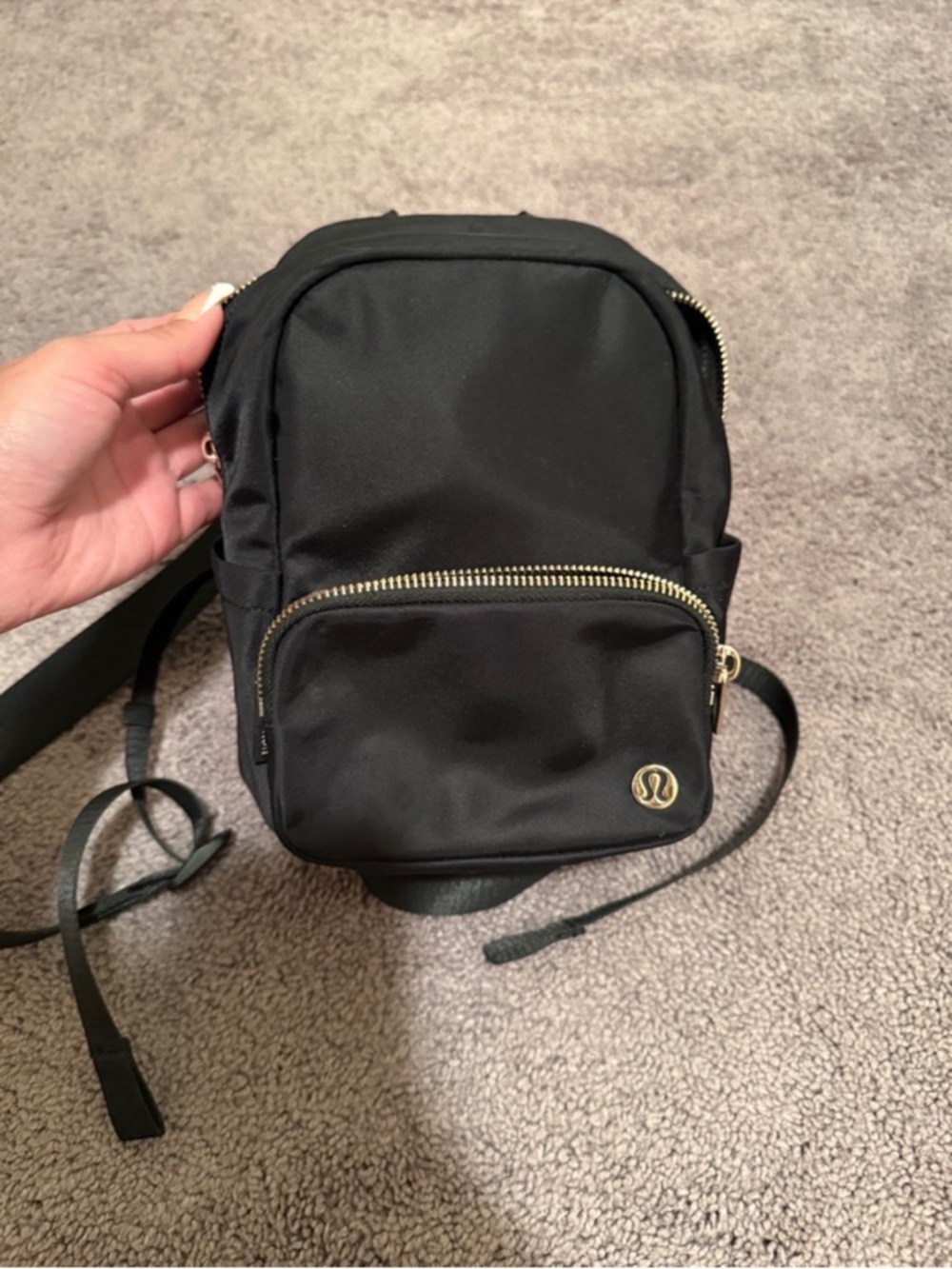 lululemon athletica Black Mini Backpack with Gold Accents